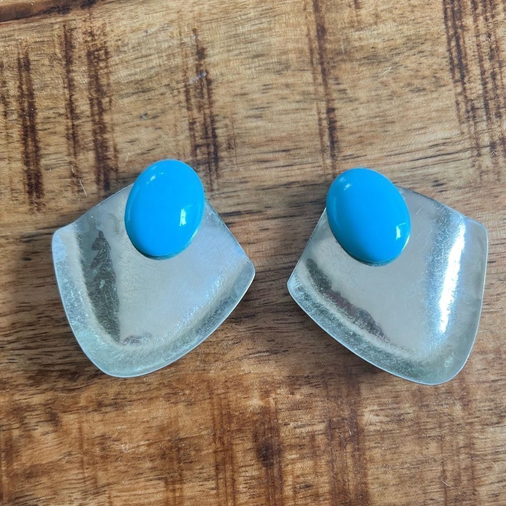 Silver tone faux turquoise clip on earrings